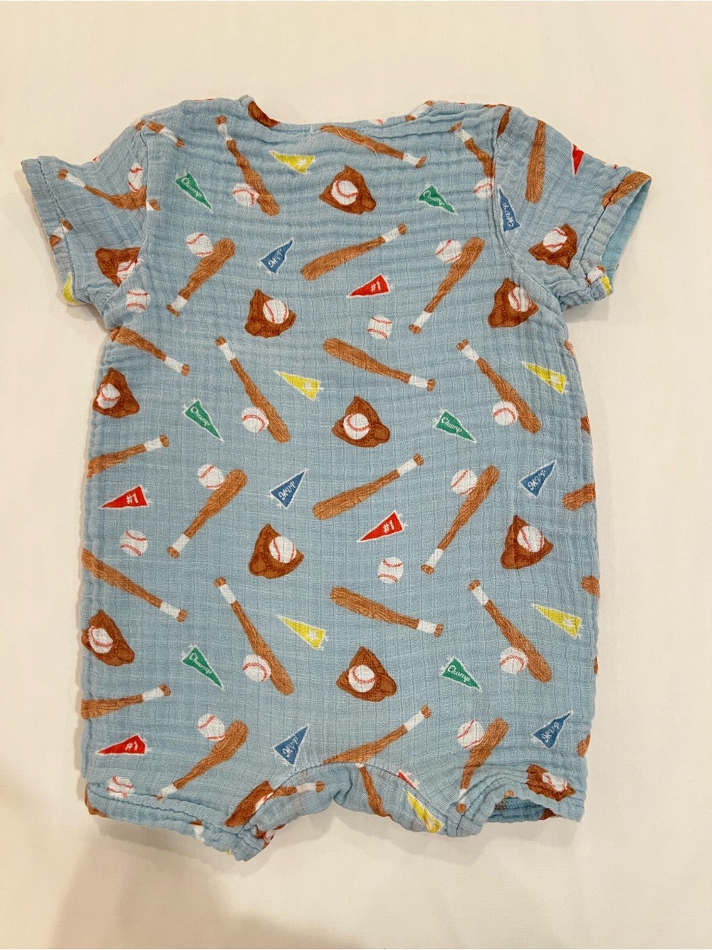 Angel Dear Light Blue Baseball Muslin Baby One-Piece - Picture 4 of 5